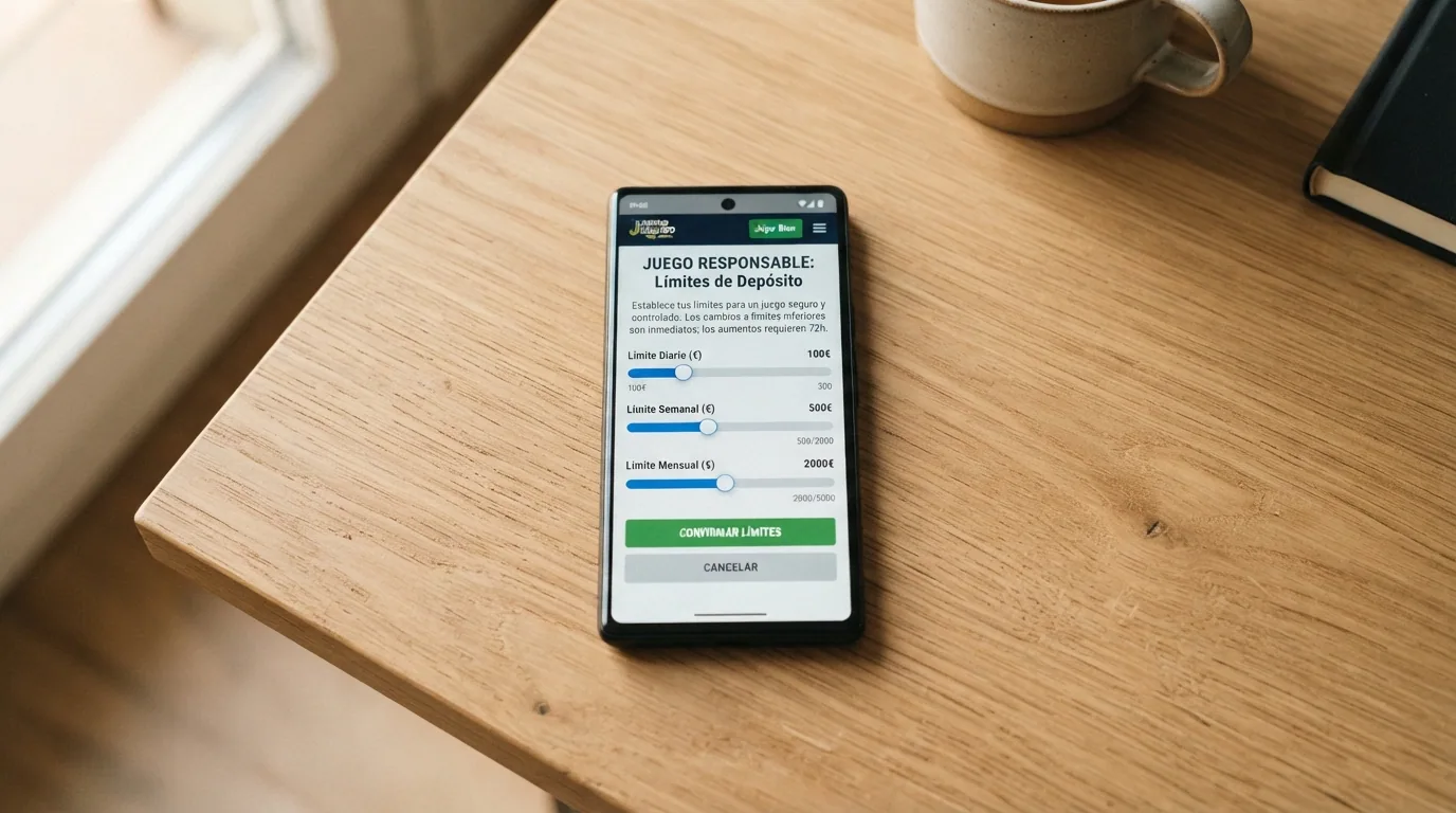 Un teléfono móvil mostrando la pantalla de límites de depósito de un casino online español, con controles deslizantes para límite diario, semanal y mensual junto al texto «juego responsable»