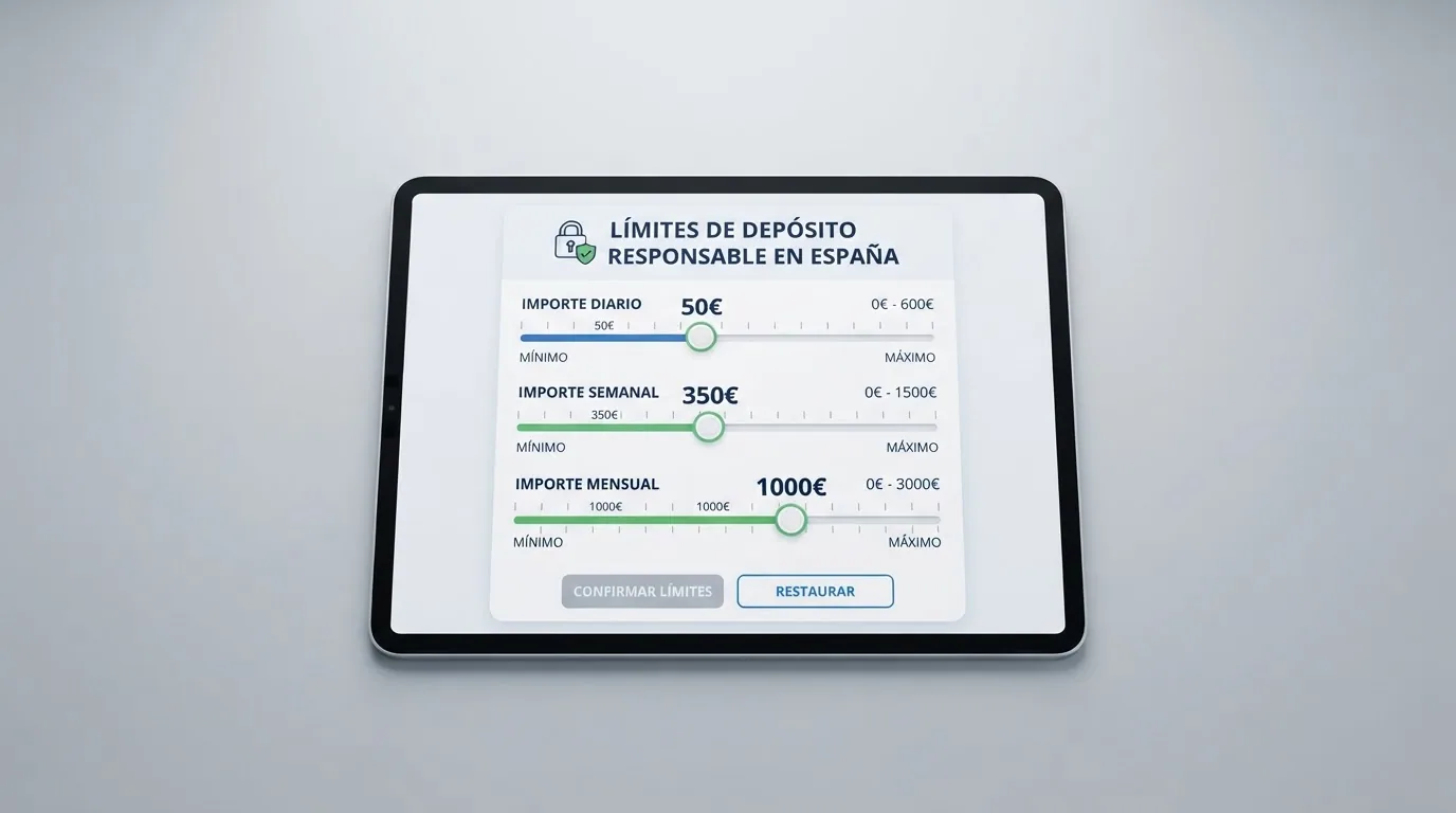 Panel de control de límites de depósito en un casino online español con los selectores de importe diario, semanal y mensual