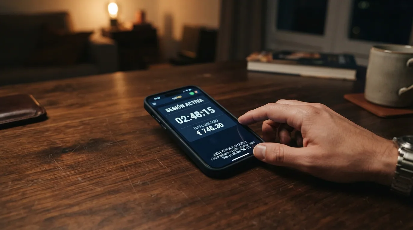 Teléfono móvil mostrando un temporizador de sesión y un contador de gasto, con el número 900 200 225 visible en la parte inferior
