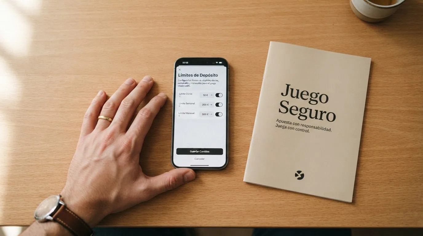 Mano apoyando un teléfono con la pantalla de límites de depósito de un operador DGOJ, junto a un folleto con el logotipo de Juego Seguro