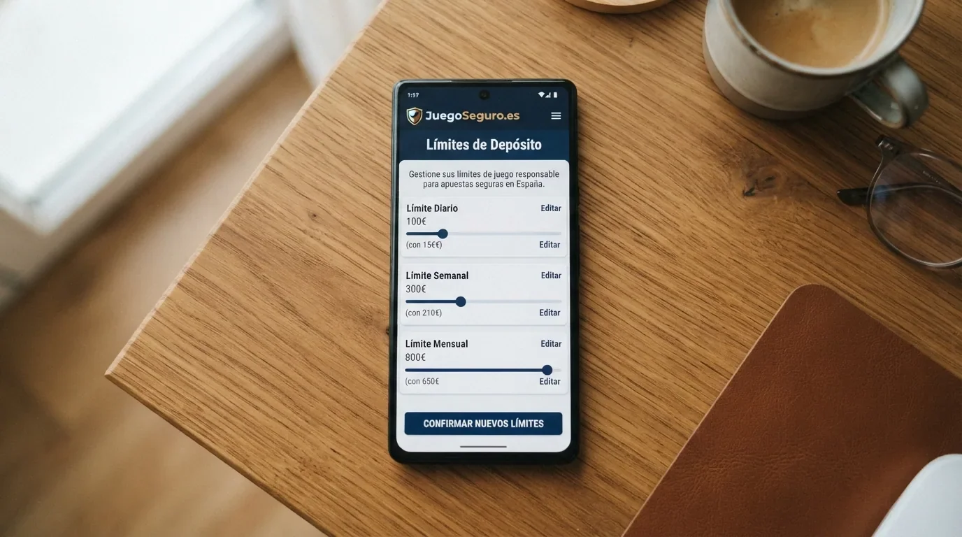 Un teléfono móvil mostrando la pantalla de configuración de límites de depósito de un casino online español, con los campos de límite diario, semanal y mensual visibles