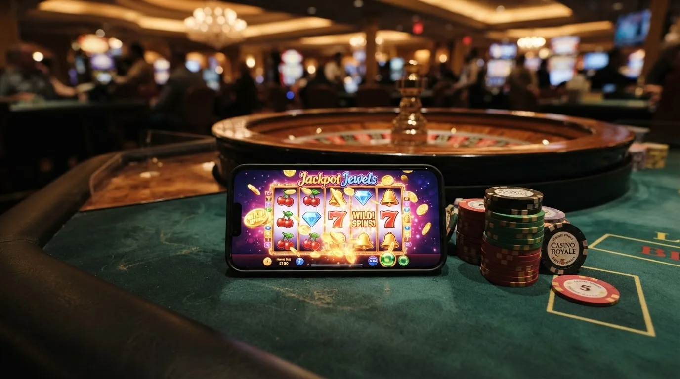 Una cuadrícula con carátulas de tragaperras populares (NetEnt, Pragmatic Play) y una mesa de ruleta en vivo en segundo plano