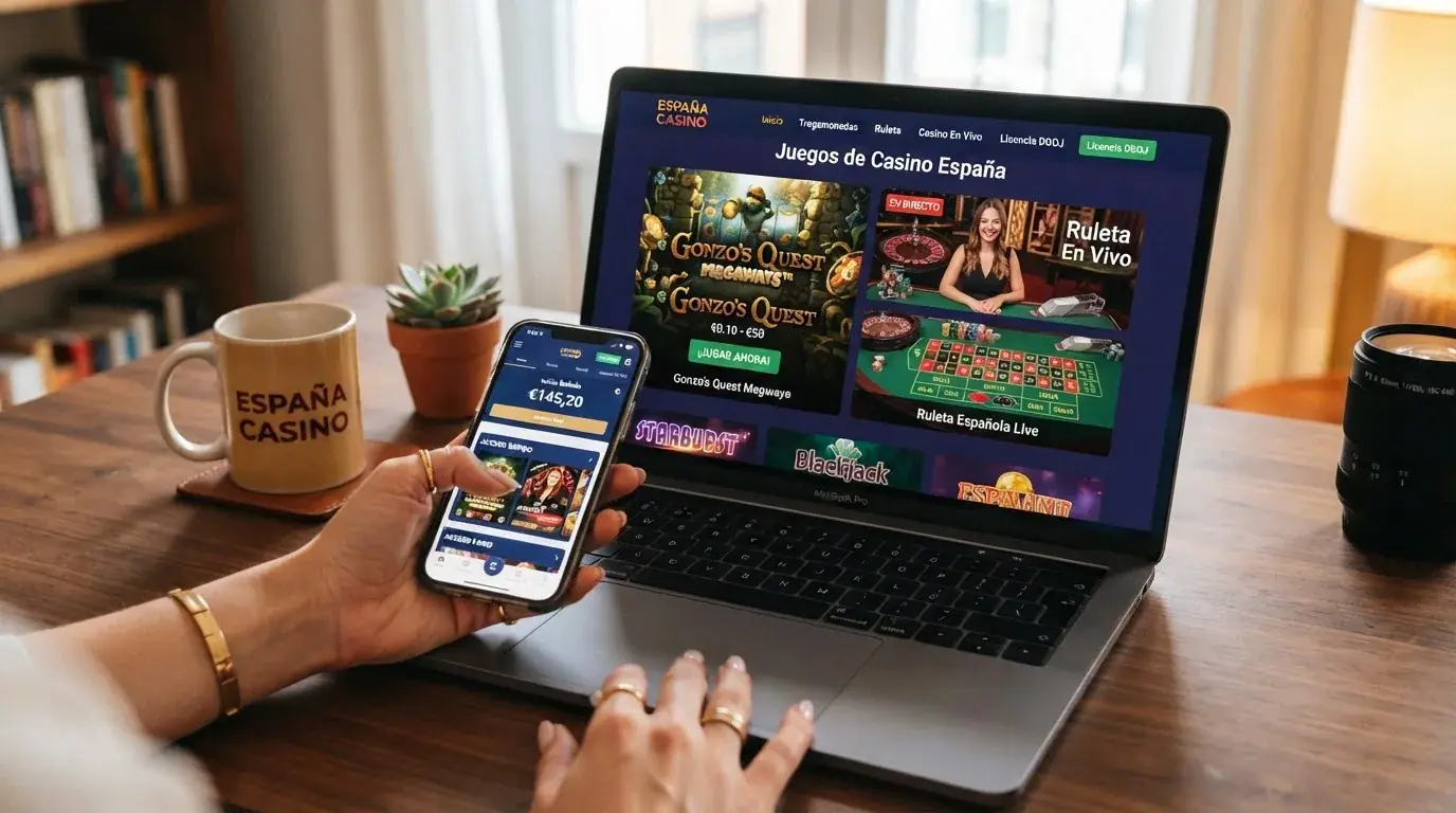Captura de una tragaperras online colorida y una mesa de ruleta en vivo con crupier real en un casino con licencia española