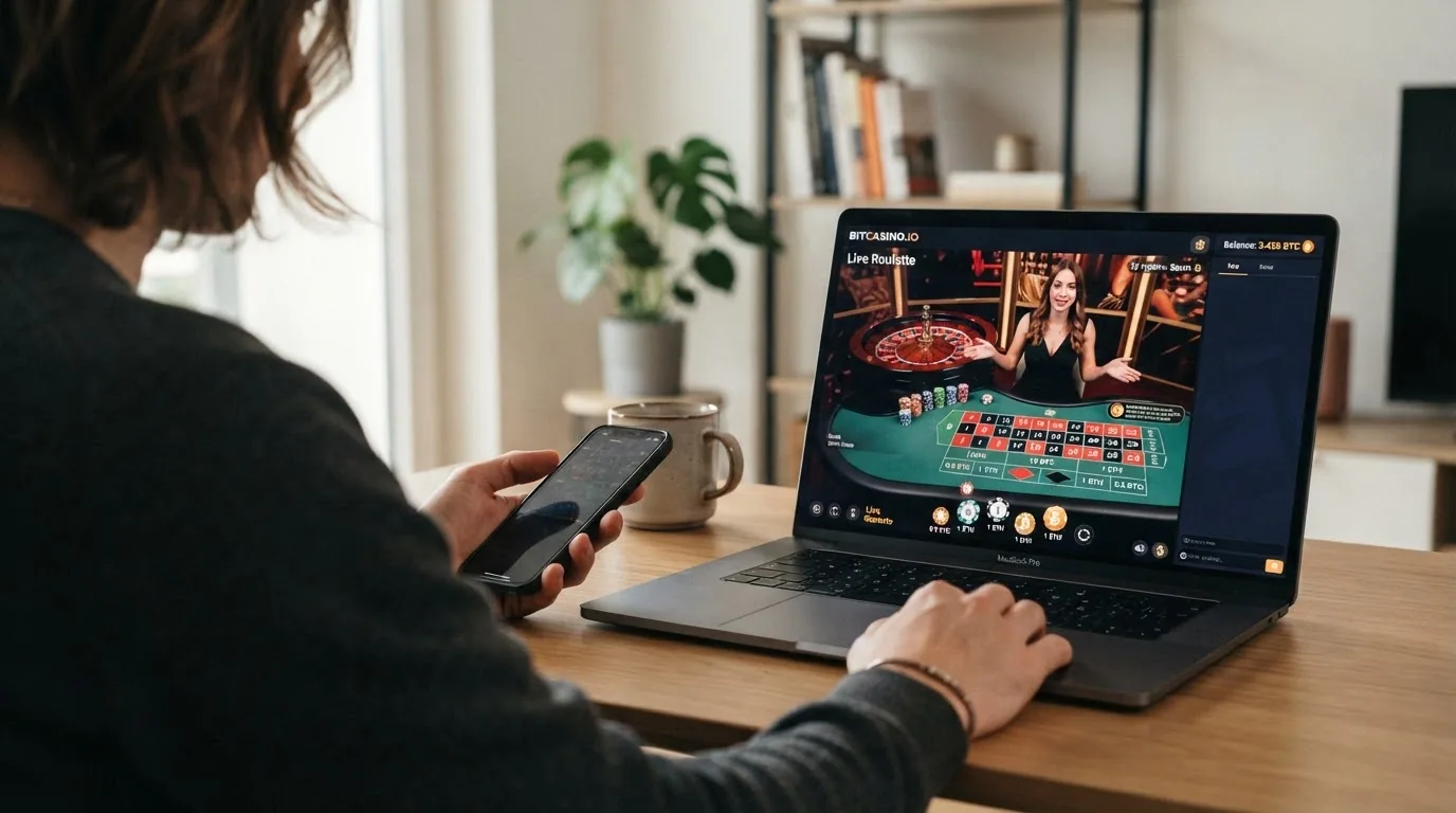 Una ruleta de casino en vivo con un crupier real vista desde una pantalla de ordenador, con fichas digitales y el símbolo de Dogecoin junto al saldo