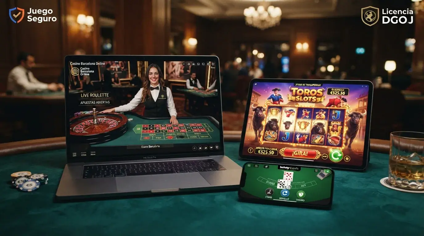 Composición de pantallas de casino online mostrando tragaperras, una mesa de ruleta en vivo y una mano de blackjack con crupier real