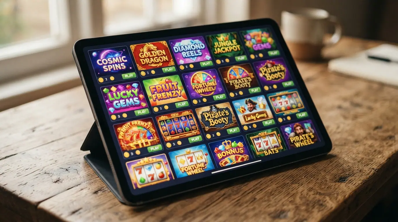 Una cuadrícula de miniaturas de tragaperras online con los logos de NetEnt, Microgaming y Pragmatic Play visibles en las esquinas de las fichas de juego