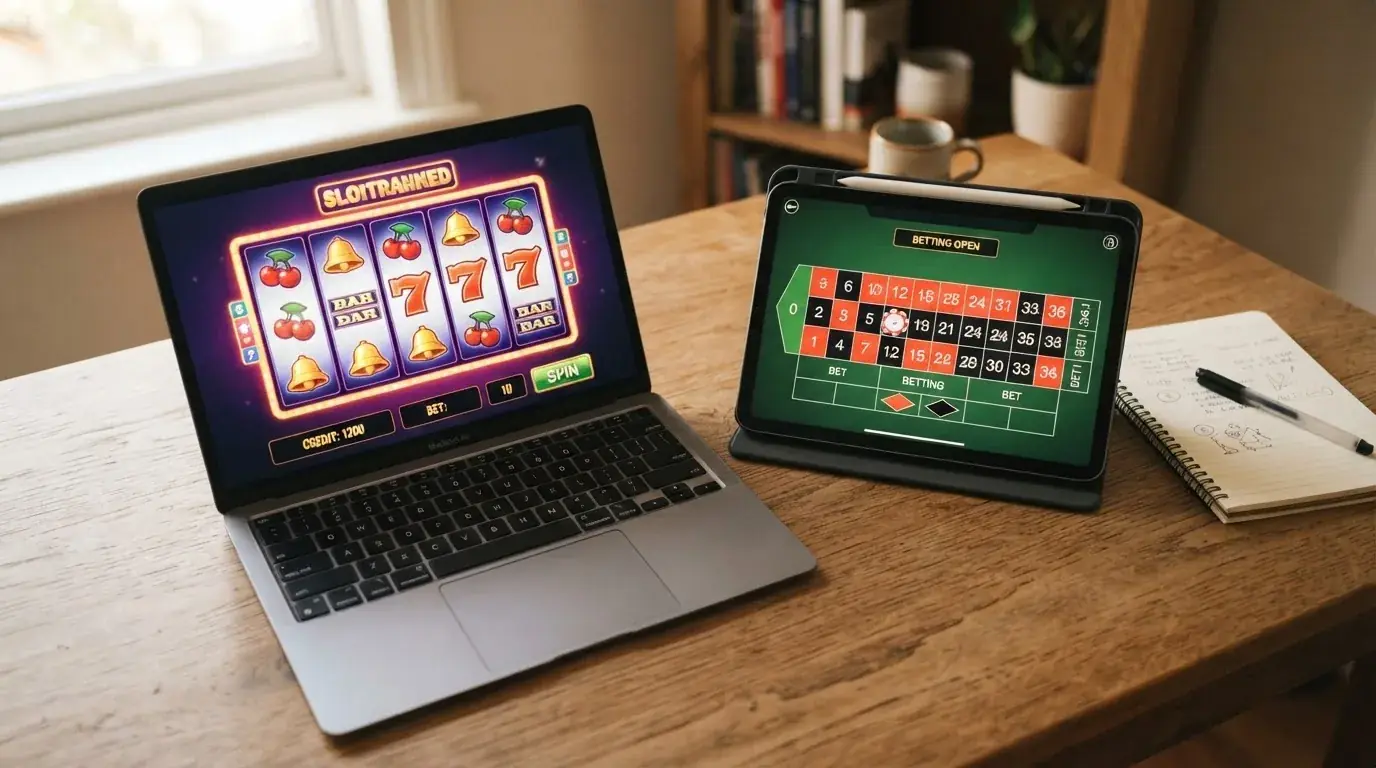 Una pantalla dividida con una tragaperras colorida a la izquierda y una mesa de ruleta a la derecha, ambas con fichas de valor bajo