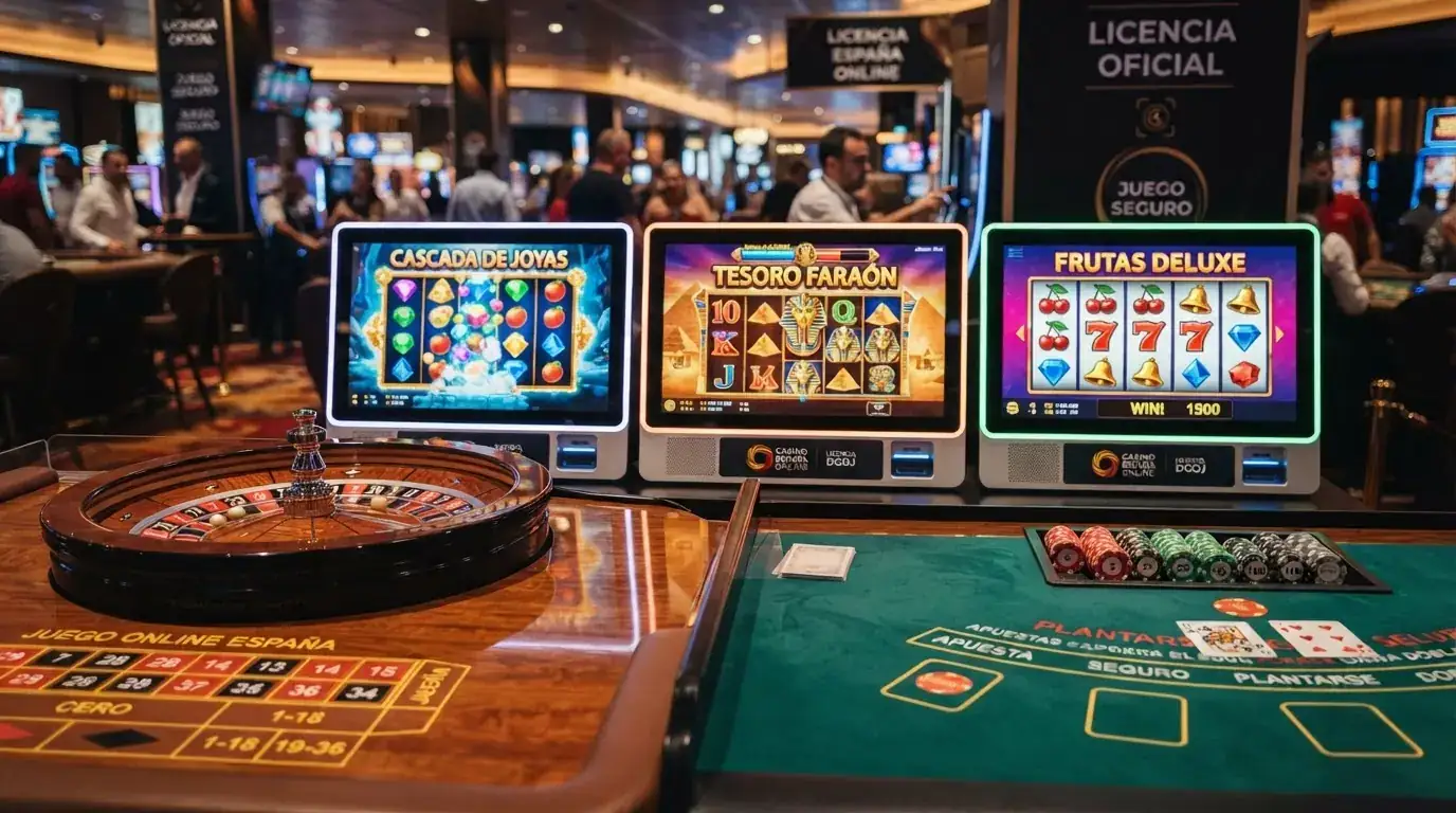 Composición con una ruleta de casino en vivo a la izquierda, tres carátulas de slots (Sweet Bonanza, Book of Dead, Starburst) en el centro y fichas de póker sobre un tapete a la derecha