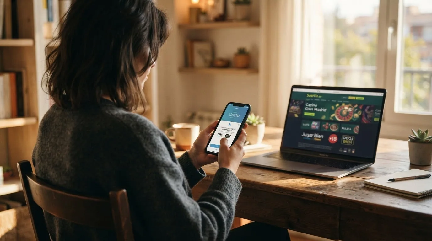 Jugador sentado frente al móvil con la app de CaixaBank Pay abierta, consultando el saldo antes de decidir si depositar en un casino online