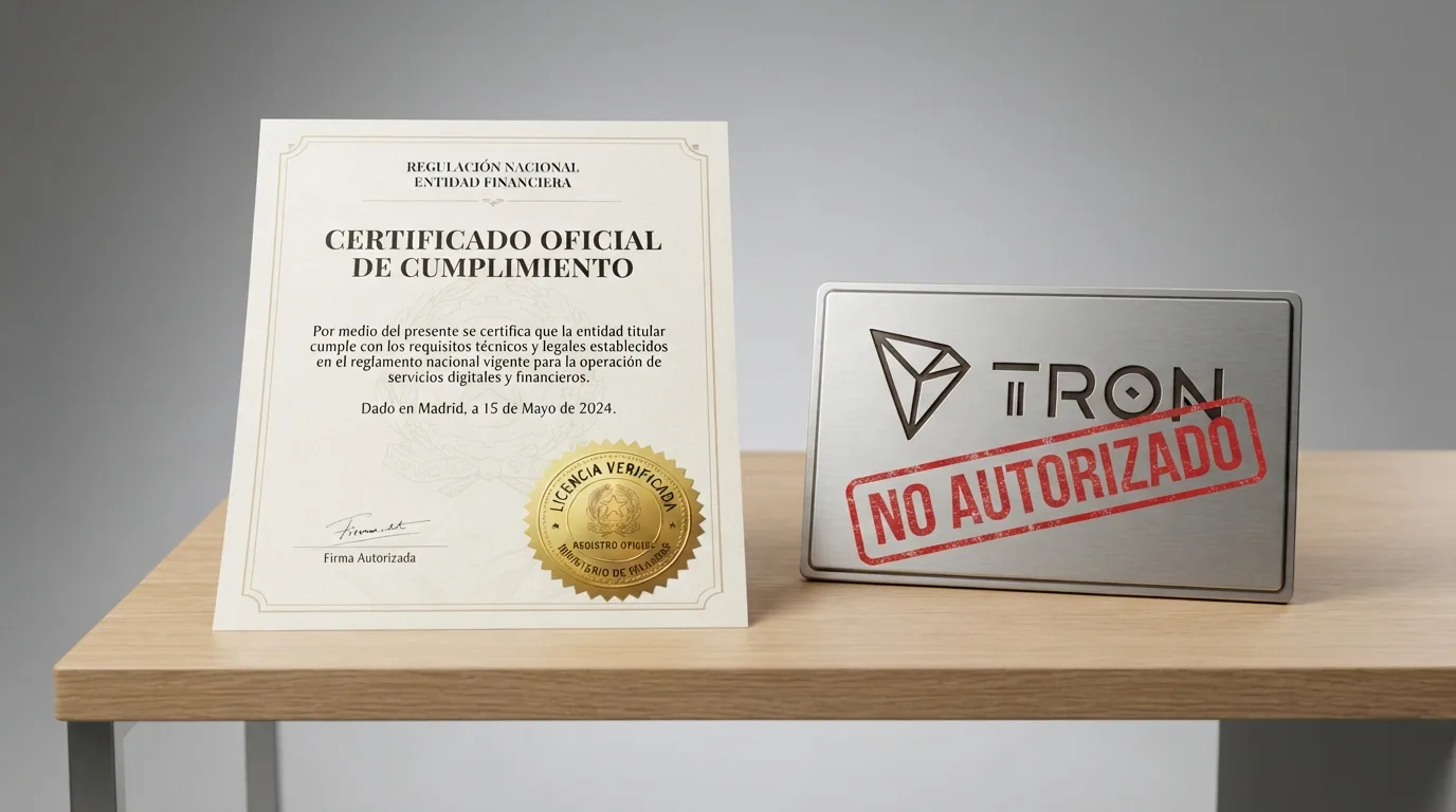 Documento oficial con el escudo de la DGOJ y un sello de «no autorizado» sobre el símbolo de TRON, frente a una licencia de Curaçao eGaming