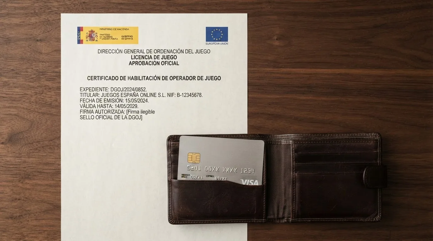 Documento oficial con el escudo de la DGOJ y un sello de la Unión Europea junto a un monedero físico del que sobresale una tarjeta con el logotipo de Ethereum
