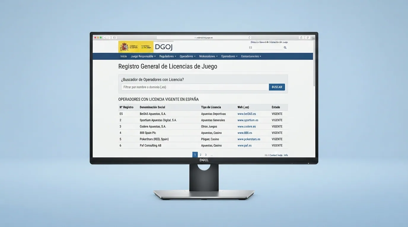 Una captura del registro público de operadores con licencia de la DGOJ (ordenacionjuego.es) con el campo de búsqueda y varios dominios .es listados