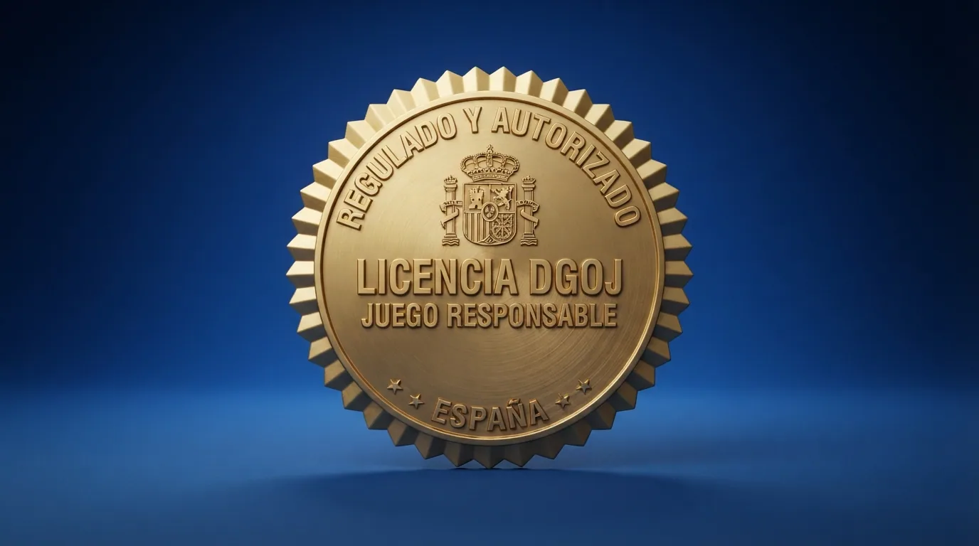 Render de un sello dorado de licencia sobre fondo azul con los textos «Licencia DGOJ» y «Juego Responsable»