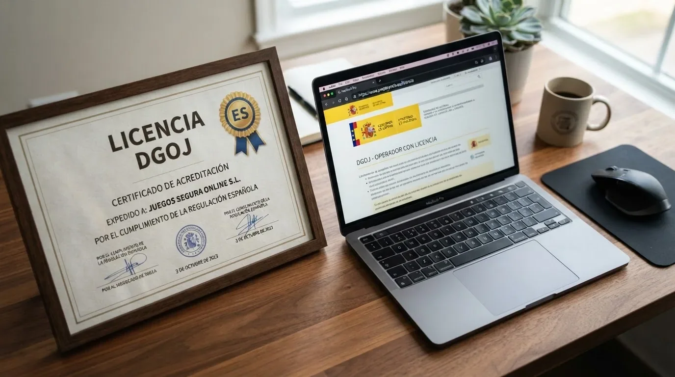 Primer plano de un certificado con el logo de la DGOJ y un dominio .es resaltado en la barra de direcciones de un navegador.