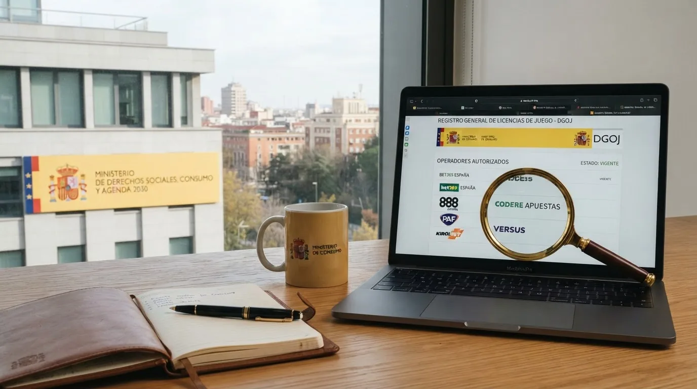 La fachada del Ministerio de Derechos Sociales, Consumo y Agenda 2030 en Madrid junto a la pantalla del registro público de operadores con licencia de la DGOJ