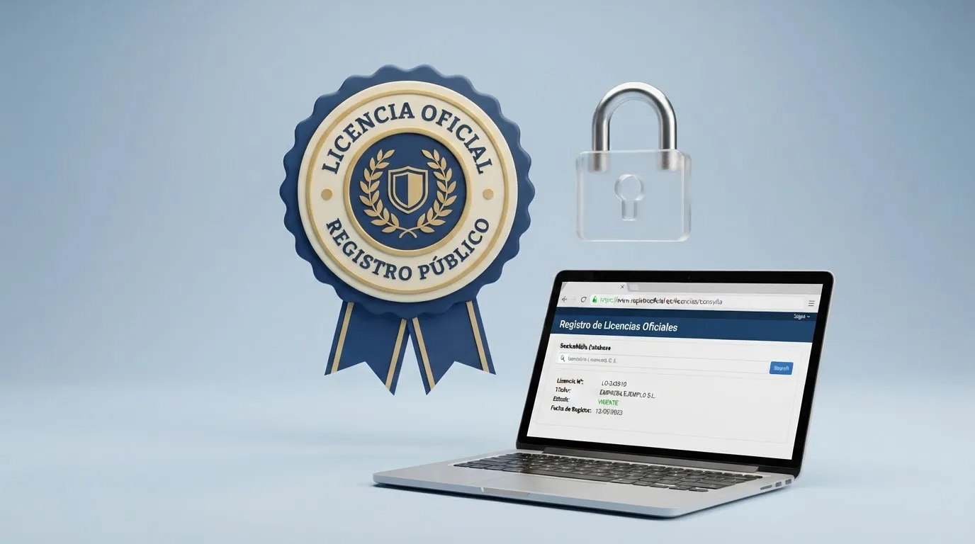 El logotipo oficial de la DGOJ sobre un fondo azul institucional, junto a un candado abierto y la bandera de España, sobre la pantalla de un ordenador que muestra el dominio ordenacionjuego.es