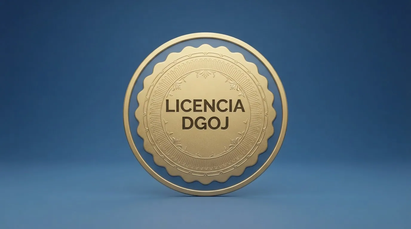 El logotipo de la DGOJ junto al dominio .es y el sello de «juego seguro» en la página de inicio de un operador con licencia, sobre un fondo azul institucional.