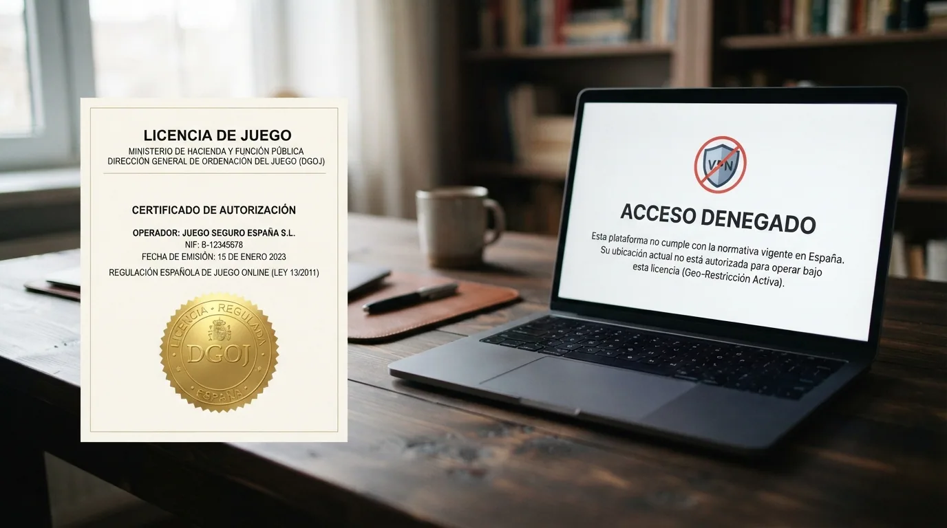 Documento oficial con el sello de la DGOJ junto a una pantalla que muestra un aviso de restricción geográfica y el icono de una VPN tachado