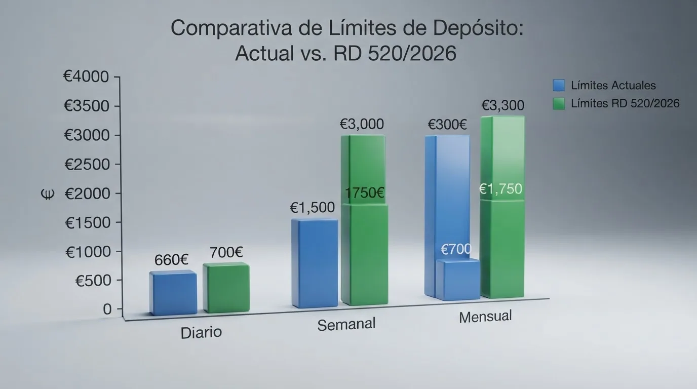 Gráfico con los límites de depósito actuales por operador junto a los nuevos límites conjuntos del RD 520/2026 con la fecha de entrada en vigor