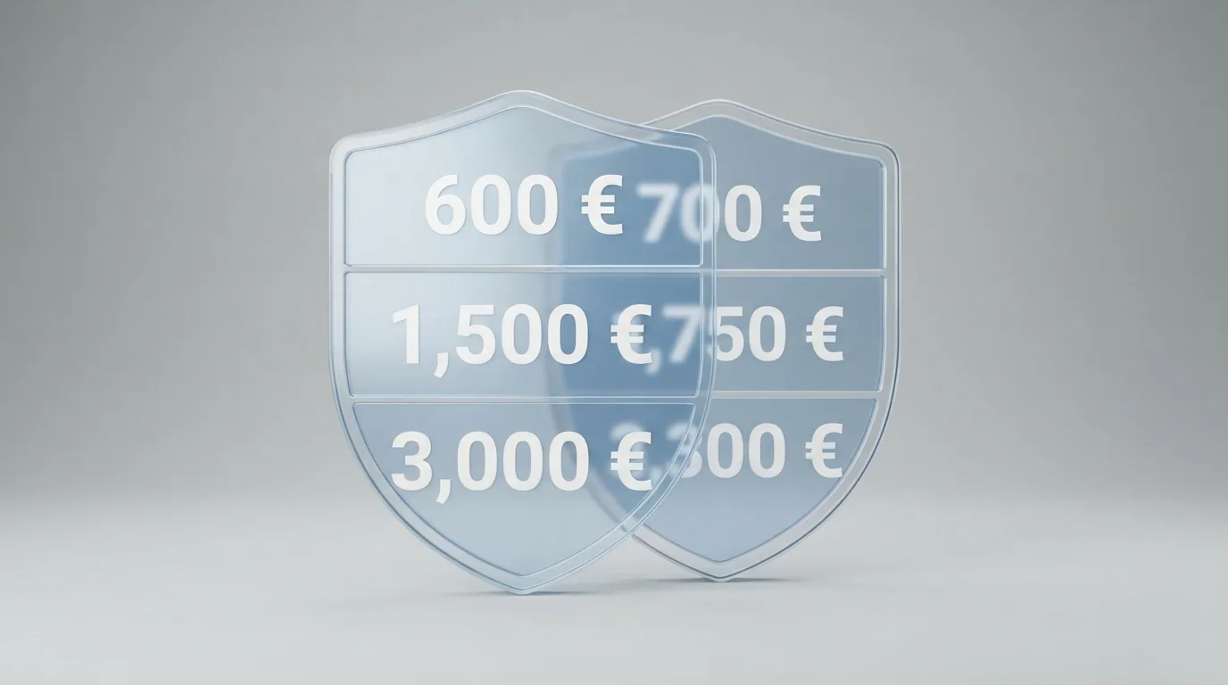 Un escudo transparente con las cifras 600 €, 1.500 € y 3.000 € en tres franjas, con una segunda capa que muestra 700 €, 1.750 € y 3.300 € entrando en 2027.