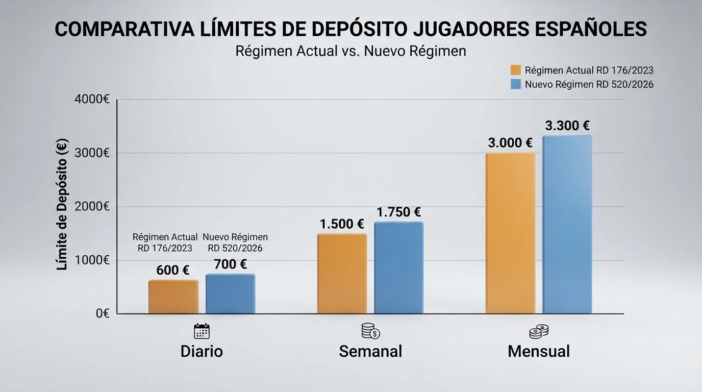Gráfico de barras que compara los límites de depósito diarios, semanales y mensuales del régimen actual y del nuevo régimen del RD 520/2026