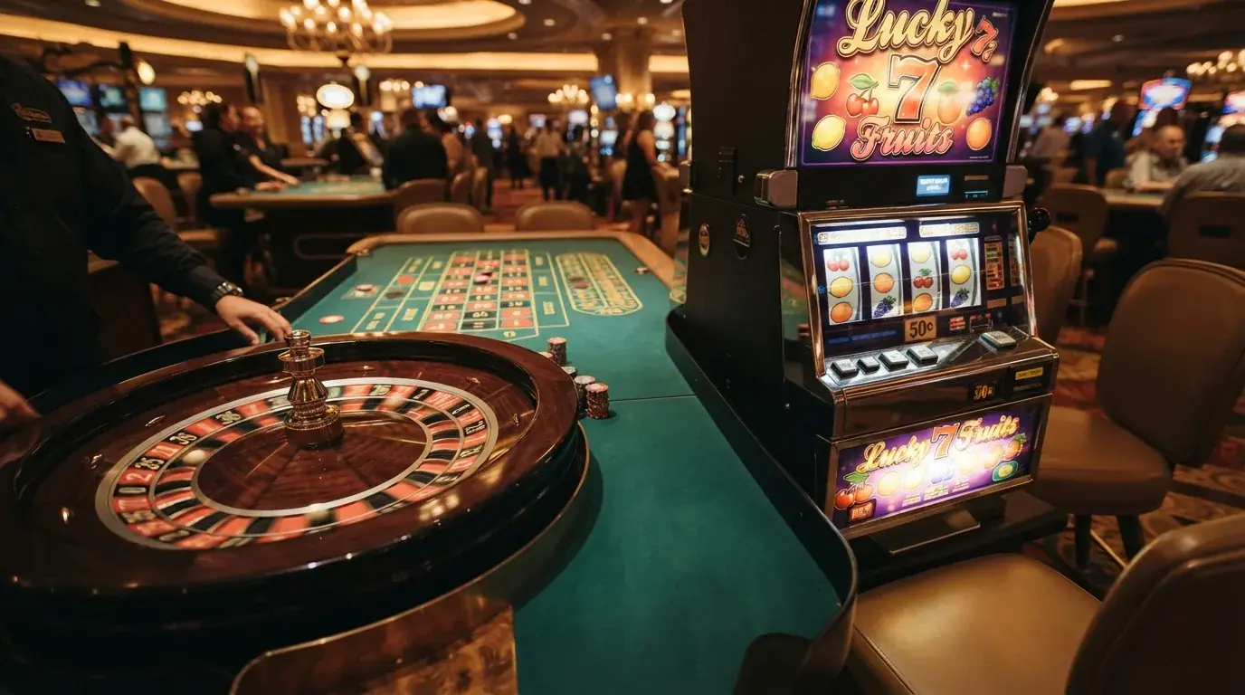 Ruleta de casino en vivo junto a una pantalla de tragamonedas online, ambas con el indicador de apuesta visible
