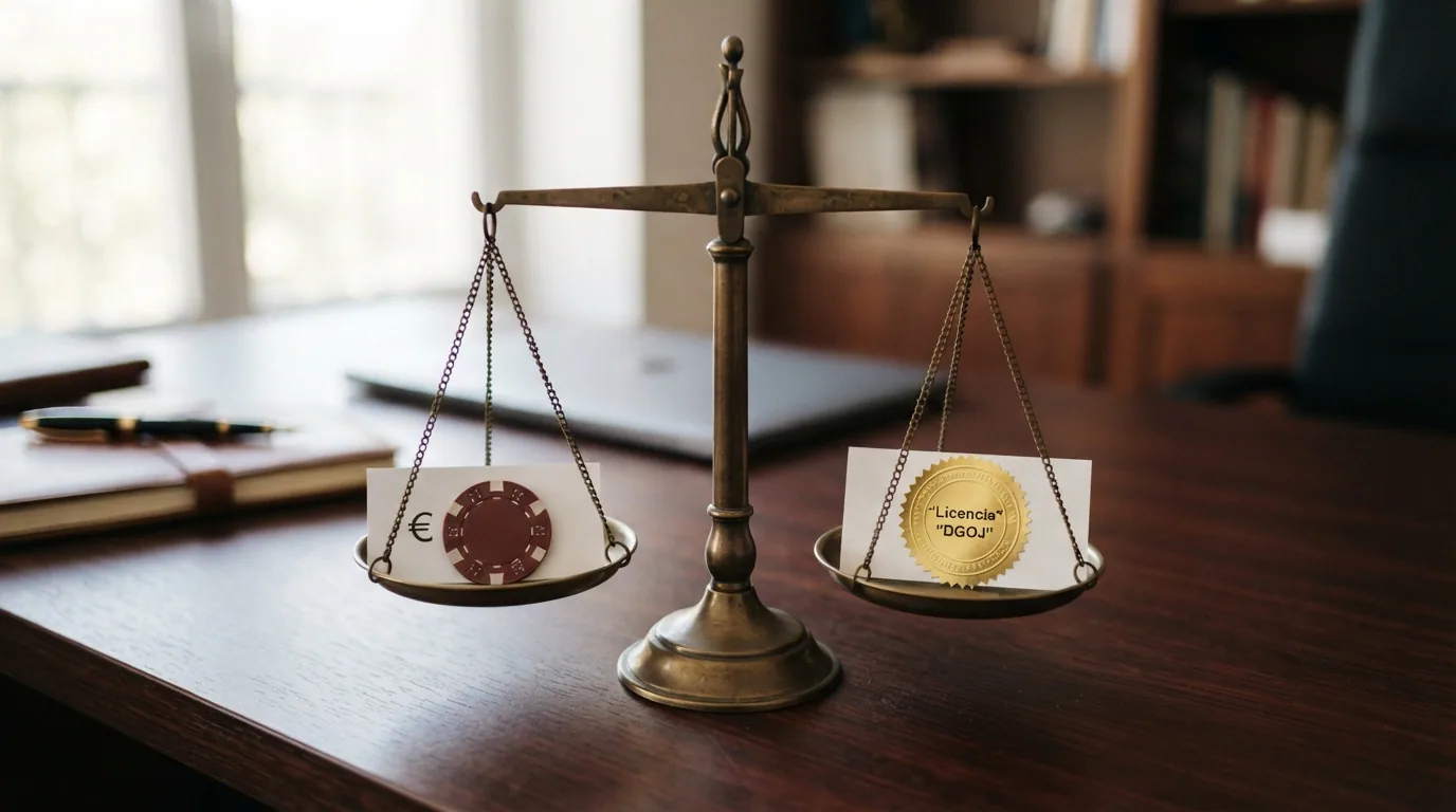 Balanza que compara las ventajas de jugar con Litecoin frente a los riesgos de operar en un casino sin licencia DGOJ