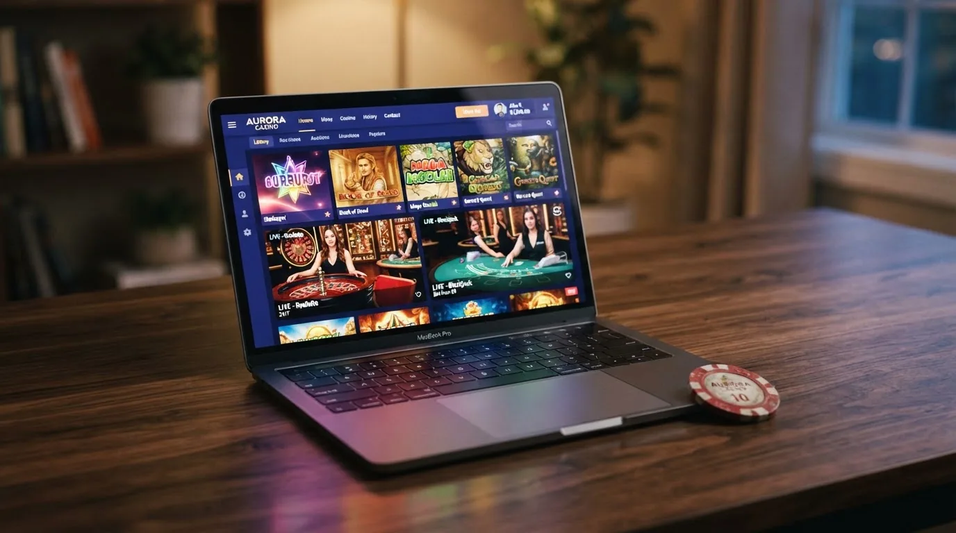 Captura de un lobby de casino online con miniaturas de slots, una mesa de ruleta en vivo y un crupier de blackjack en stream
