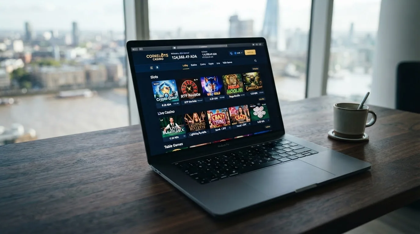 Captura de un lobby de casino online con miniaturas de tragaperras, mesas de ruleta y una sala de casino en vivo, mostrando el saldo convertido desde criptomonedas