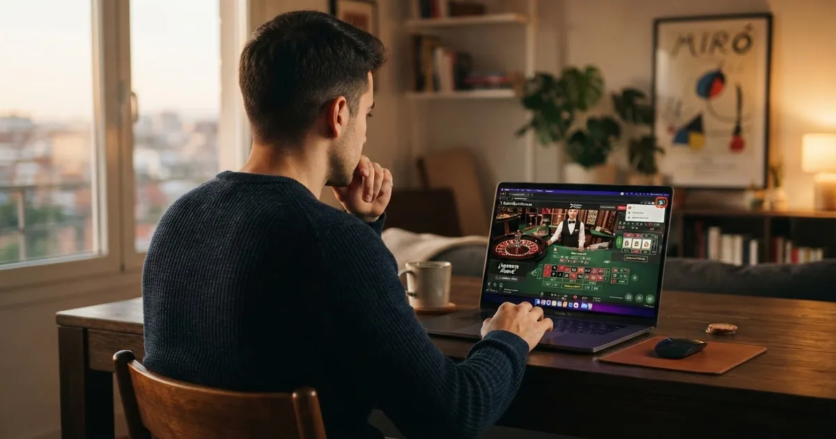 Jugador frente a una pantalla de portátil que muestra una interfaz de casino online con un candado VPN activo en la barra de estado