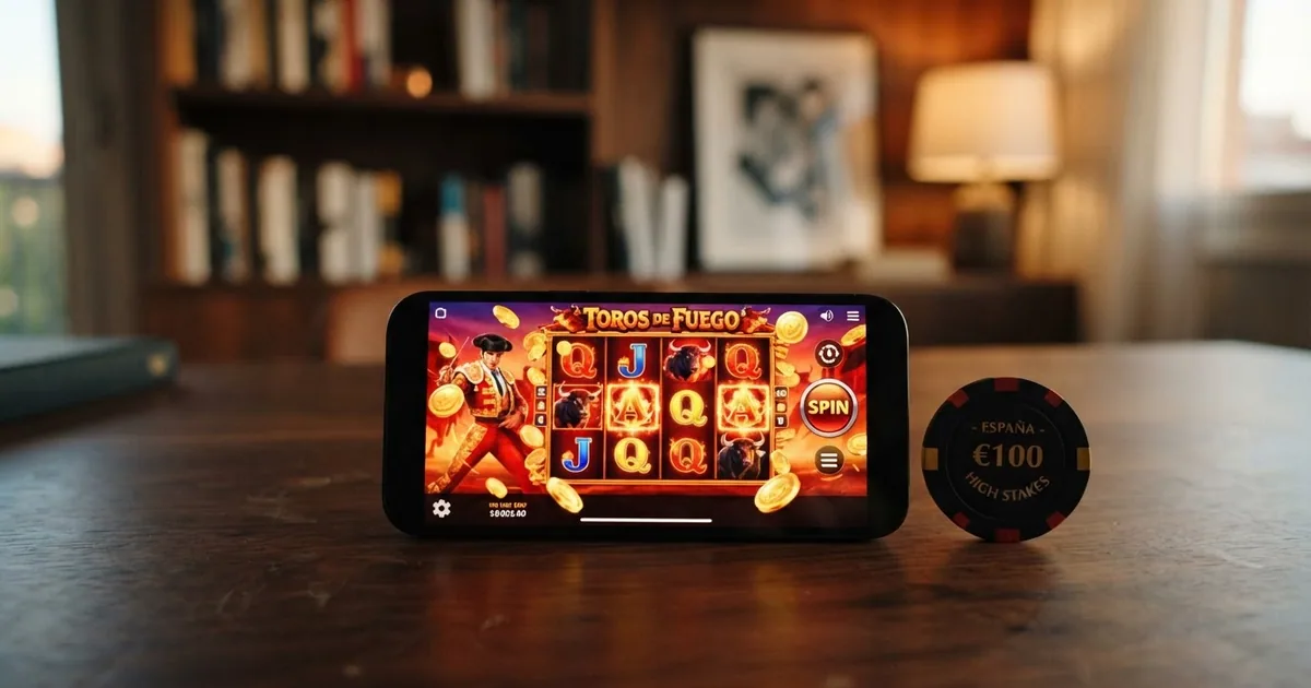 Escritorio de madera oscura con un smartphone tumbado que muestra una tragaperras con los rodillos encendidos en oro y carmesí