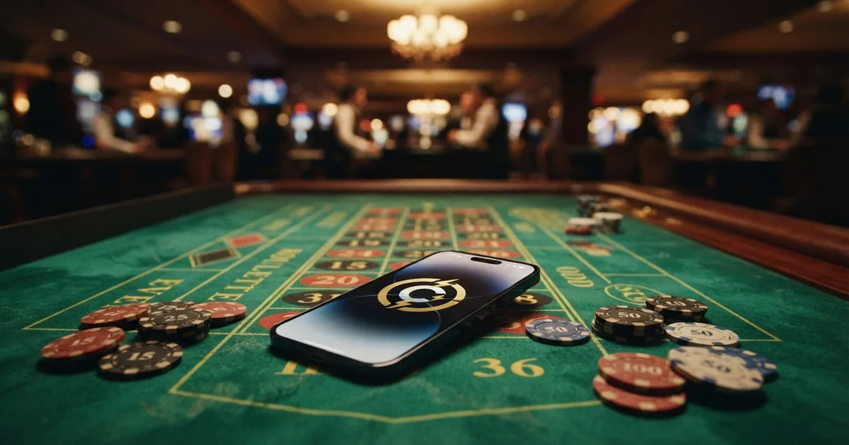 Un teléfono móvil mostrando el logotipo de Ethereum sobre el tapete verde de una ruleta de casino, con fichas de juego en primer plano