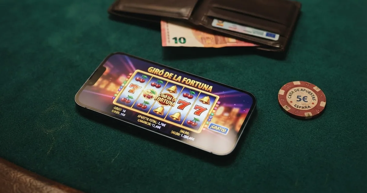 Un jugador consulta el móvil junto a una ficha de póquer y un monedero — fondo limpio con tonos verdes de mesa de casino