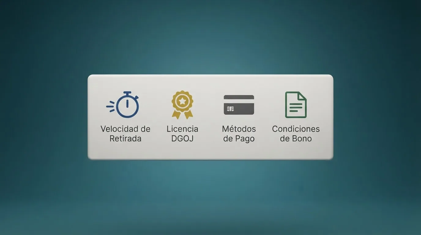 Panel con los criterios de evaluación: velocidad de retirada, licencia DGOJ, métodos de pago y condiciones de bono