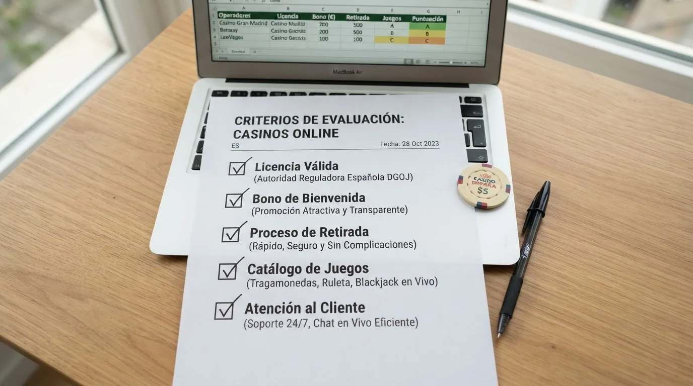 Escritorio con una lista de comprobación donde se marcan criterios como licencia, bono, retirada y catálogo de juegos