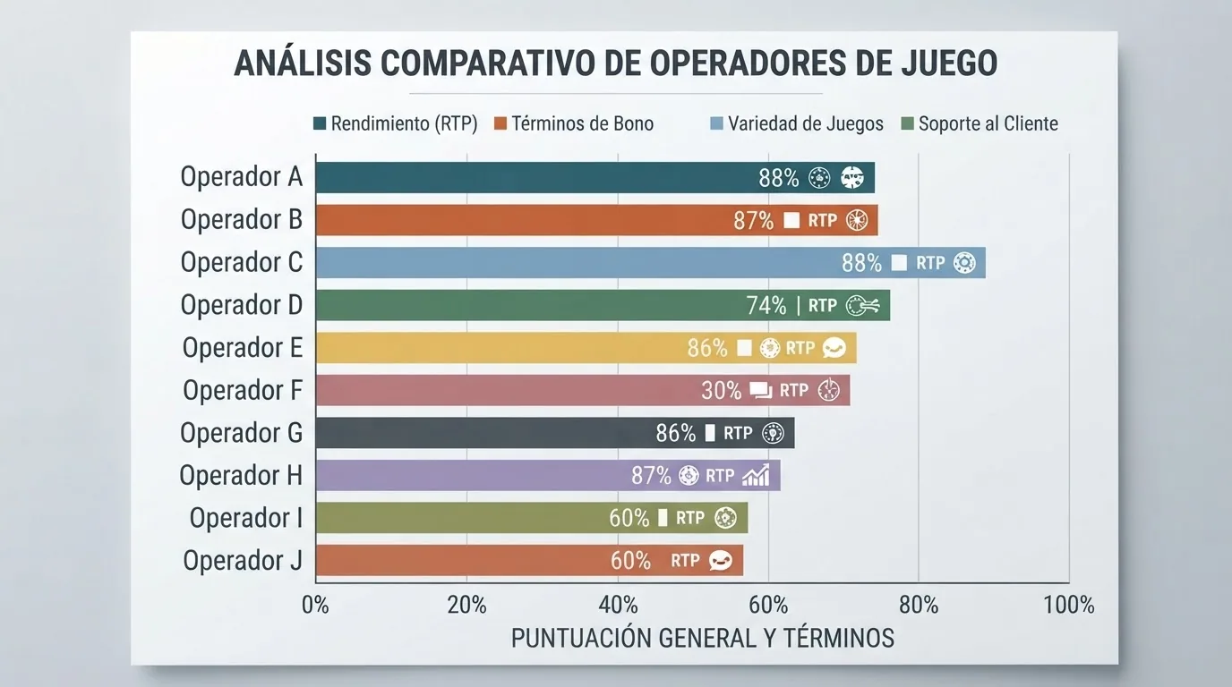 Diagrama del proceso de evaluación: verificación DGOJ, contraste de fuentes independientes, análisis de condiciones de bono y criterios de ordenación
