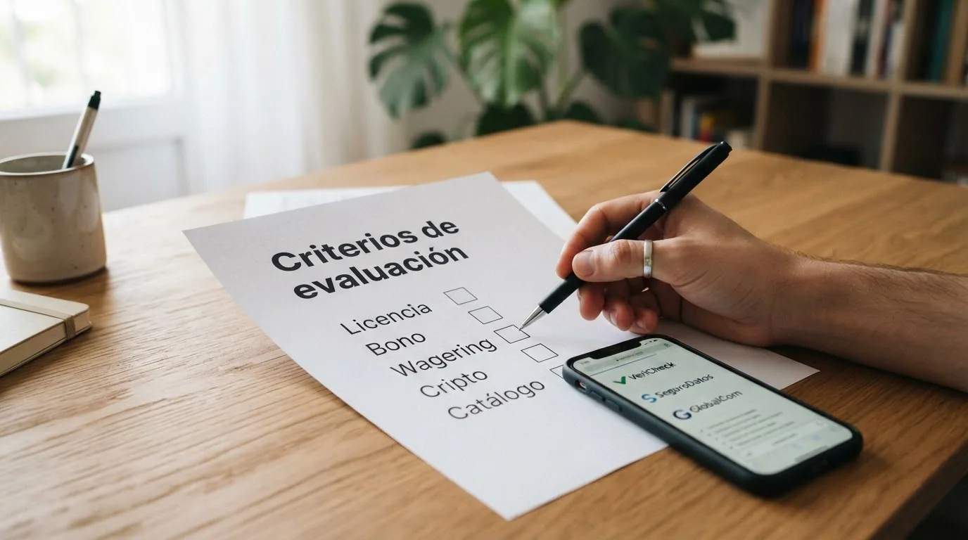Una lista de criterios de evaluación (licencia, bono, wagering, cripto, catálogo) junto a los logotipos de las fuentes consultadas