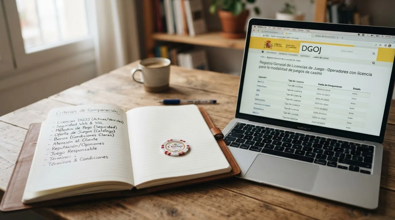 Un escritorio con el BOE abierto, el registro público de la DGOJ en un navegador y una libreta de notas con los criterios de comparación visibles