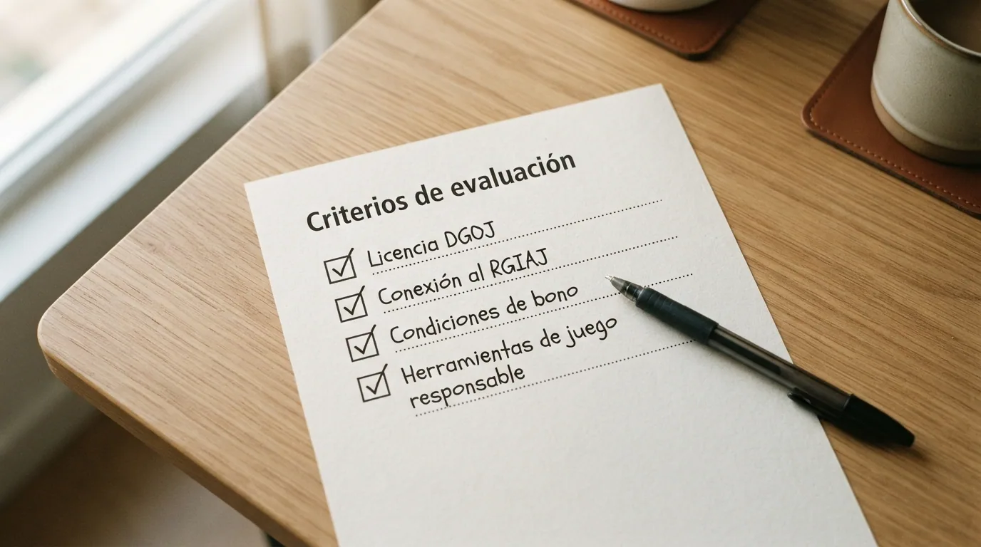 Lista de verificación con criterios de evaluación: licencia DGOJ, conexión al RGIAJ, condiciones de bono, atención al cliente y herramientas de juego responsable