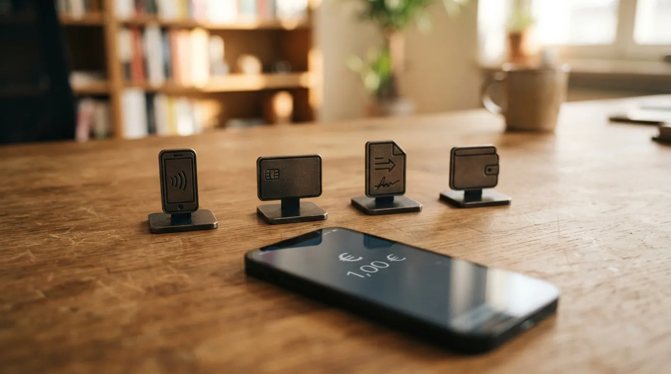 Cuatro iconos de métodos de pago — Bizum, tarjeta bancaria, transferencia y Apple Pay — alineados sobre un fondo con el saldo «1,00 €» en pantalla.