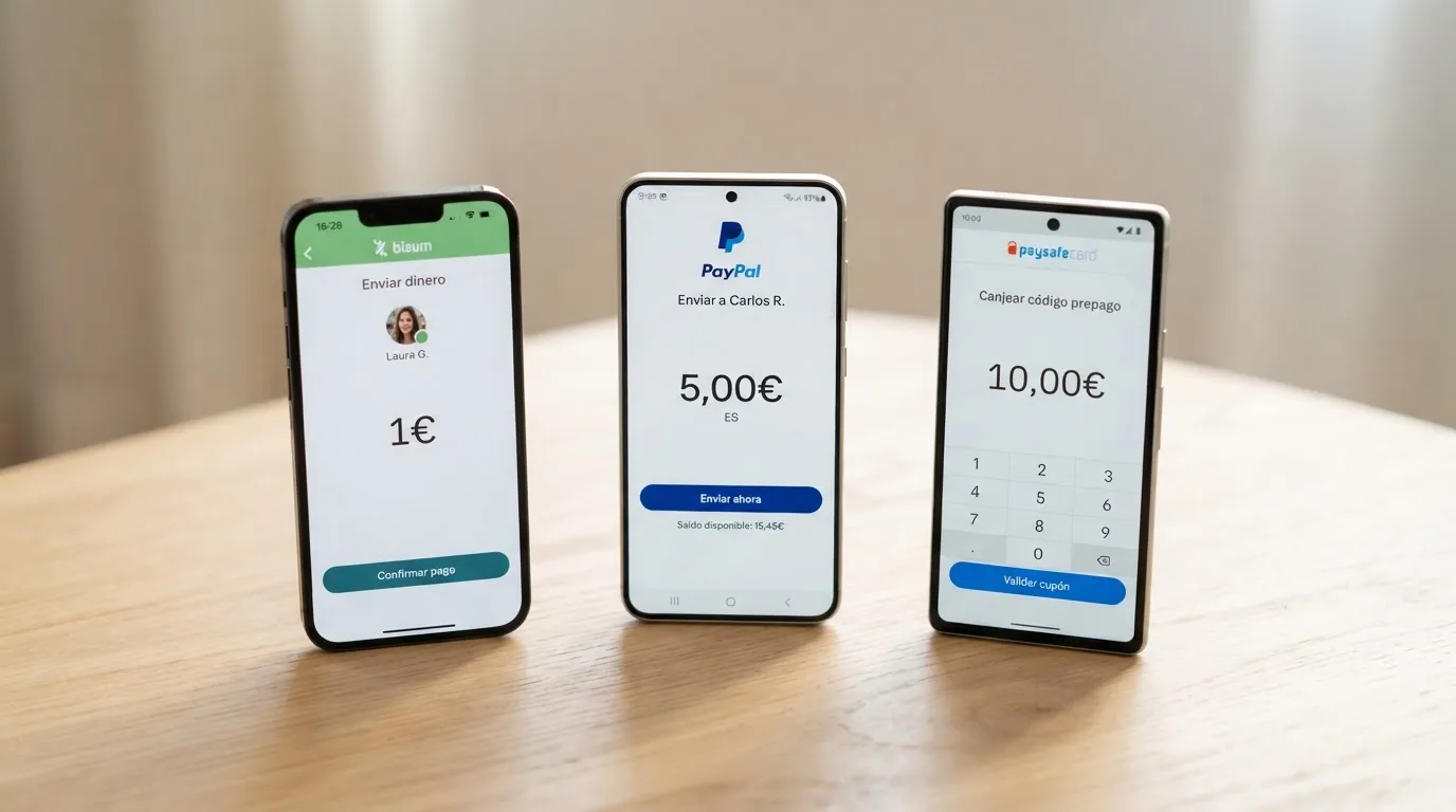 Tres pantallas de móvil mostrando las apps de Bizum, PayPal y Paysafecard con el importe de 1€ o 5€ introducido