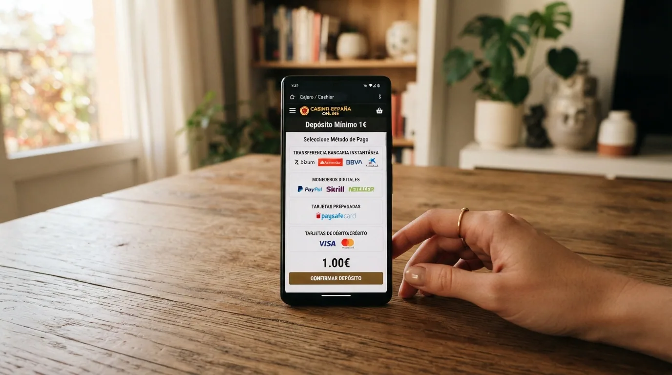 Pantalla de un teléfono mostrando la interfaz de pago de un casino con los logotipos de Bizum, PayPal, PaySafeCard y Visa como métodos de depósito