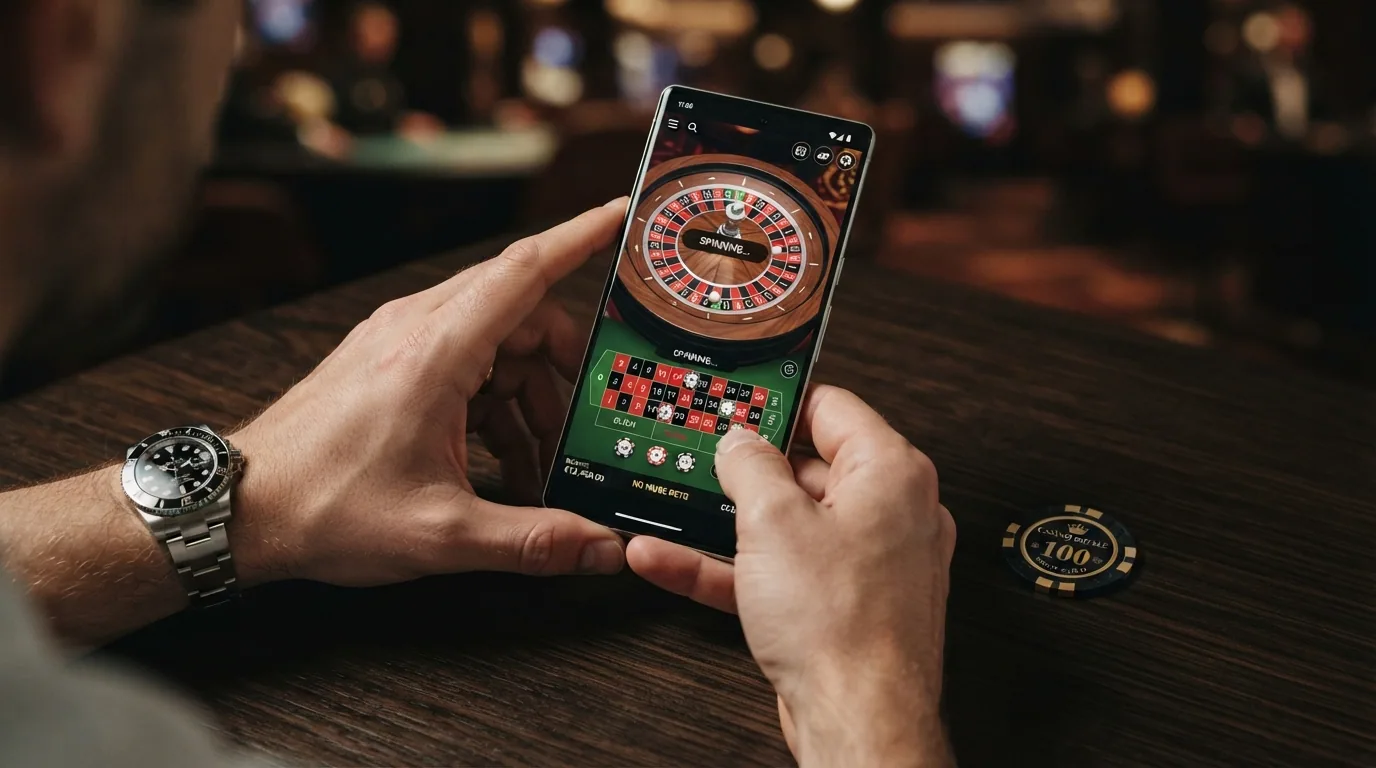 Manos sosteniendo un smartphone en horizontal con una ruleta en vivo y la bola en movimiento sobre el disco