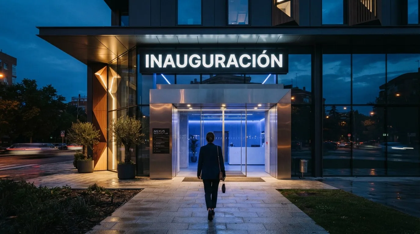 La fachada de un edificio moderno con un cartel de «inauguración» y el logotipo de Ethereum proyectado sobre la entrada