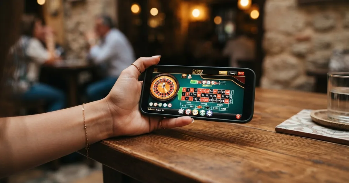 Un jugador sosteniendo un teléfono móvil en posición horizontal con una interfaz de casino visible en la pantalla (ruleta y menú de juegos), sobre un fondo neutro