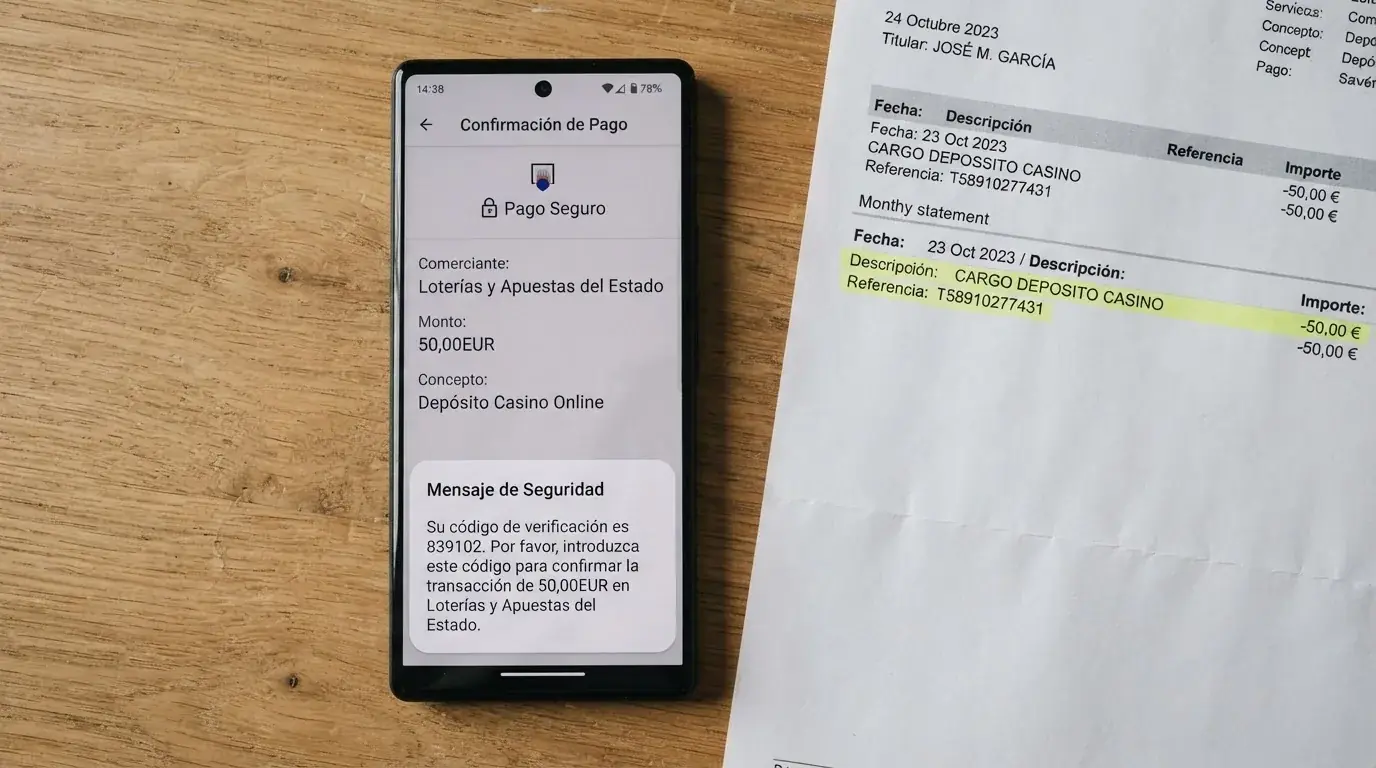 Primer plano de un teléfono móvil mostrando una pantalla de pago con el icono de factura telefónica y un SMS de confirmación de cargo, junto a una factura de teléfono con el cargo resaltado