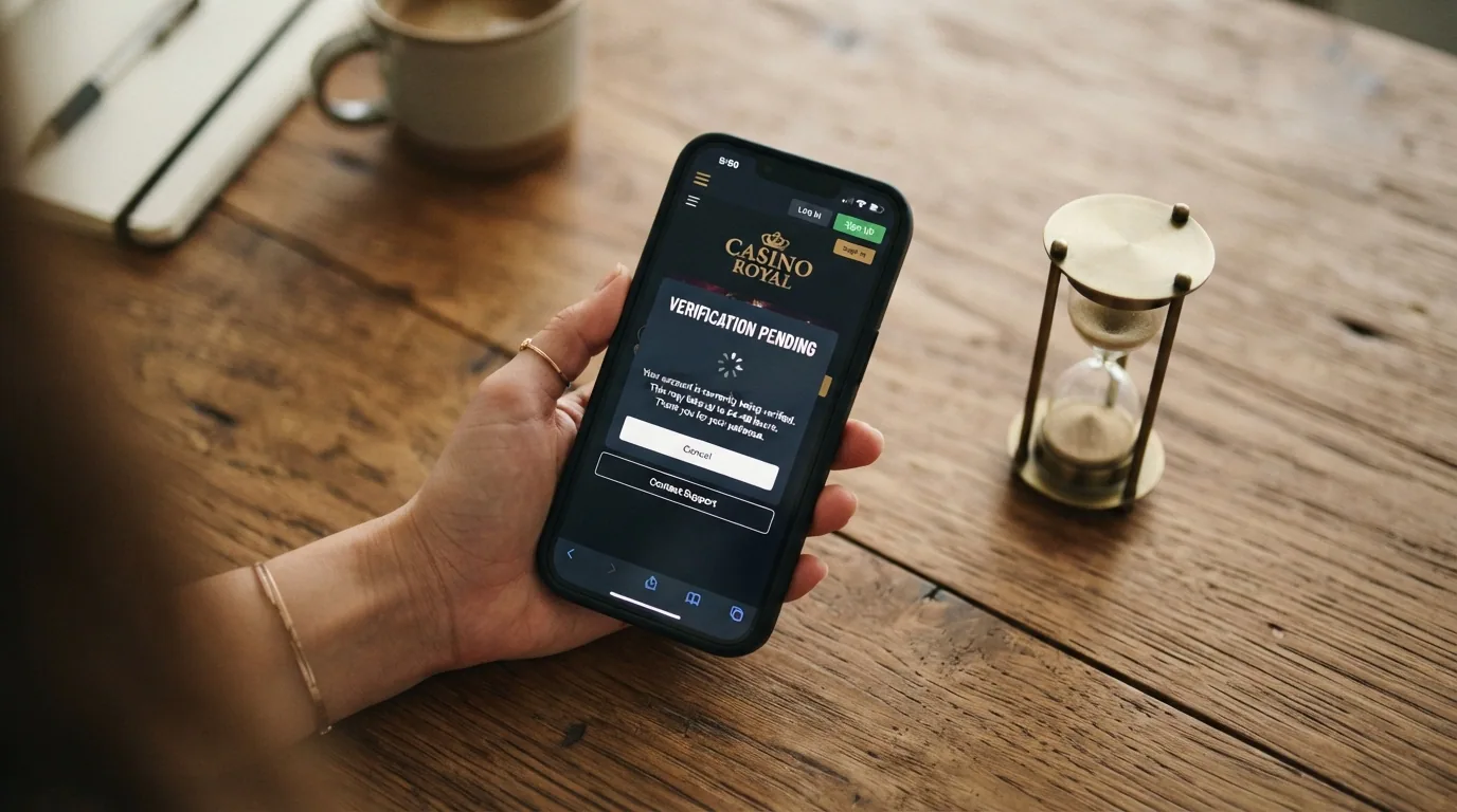 Mano sosteniendo un teléfono con un aviso de verificación pendiente en la pantalla de un casino, con un reloj de arena al lado
