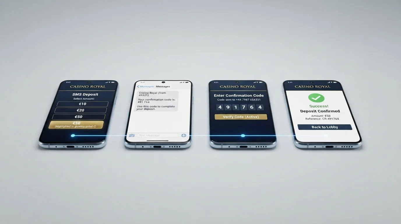 Infografía de los cuatro pasos del depósito por SMS: selección del método, envío del código, confirmación y cargo en factura