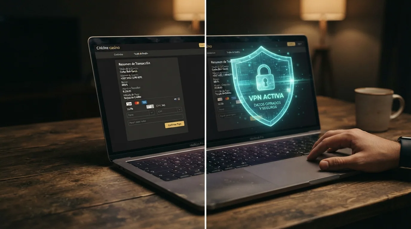 Pantalla dividida: a la izquierda un casino online con datos bancarios visibles, a la derecha la misma pantalla con un escudo de cifrado cubriendo la información