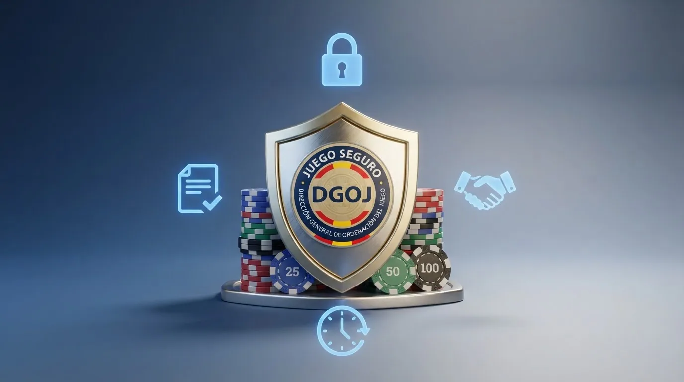 Un escudo con el sello de la DGOJ protegiendo el saldo de un jugador, con los elementos de protección — límites, RGIAJ, verificación y recurso legal — rodeándolo